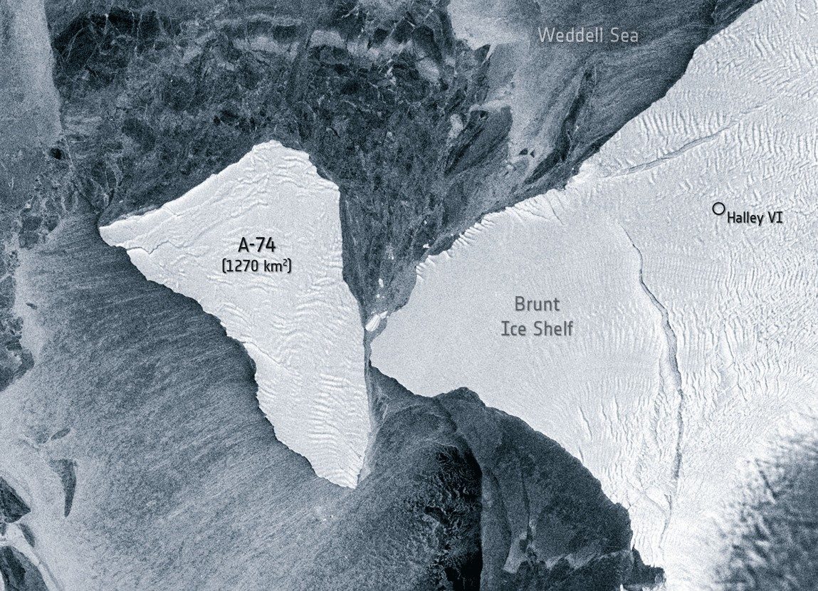 Violente collision évitée de peu entre l’iceberg A-74 et la barrière de Brunt
