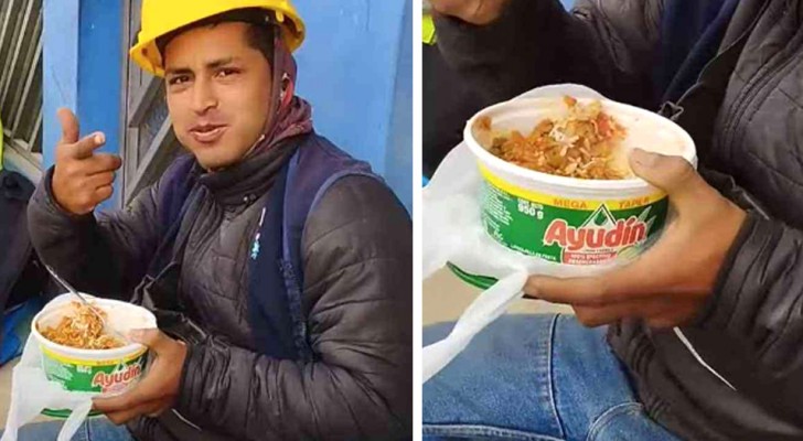 Un ouvrier mange son déjeuner dans un récipient de détergent pour lave-vaisselle : ses collègues se moquent de lui